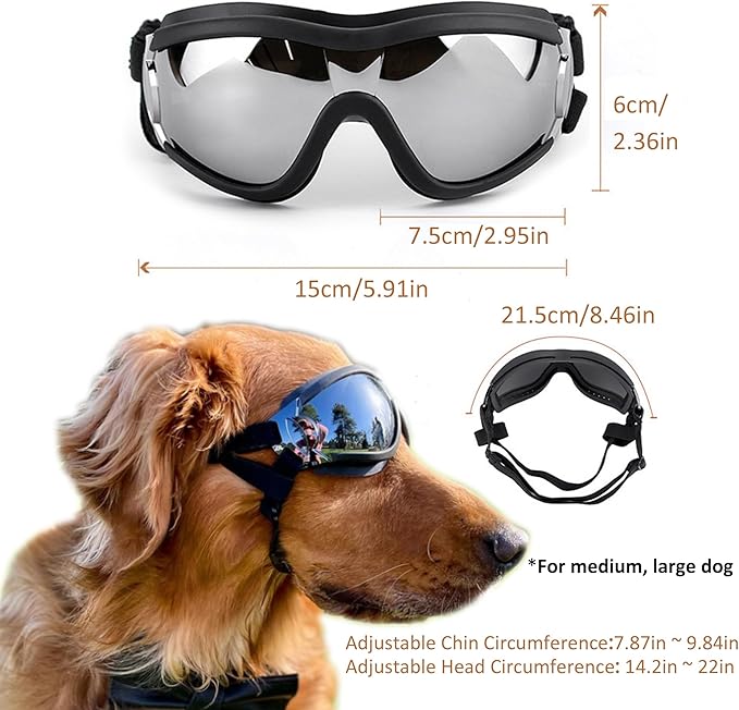 Dog Sunglasses for Large and Medium Breed, Dog Goggles for Large Dogs, Sun Protection, Windproof, Waterproof, Dustproof and Anti-Fog with Adjustable Strap for Driving, Motorcycle, Black