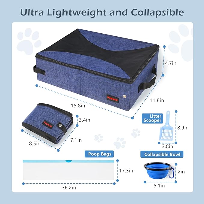 Portable Cat Travel Litter Box. Zipped Lid, Collapsible Litter Box for Cats. No Leakage, No Smell. Easy to Carry. Used for Hotels, Camping, Car (Blue,M)