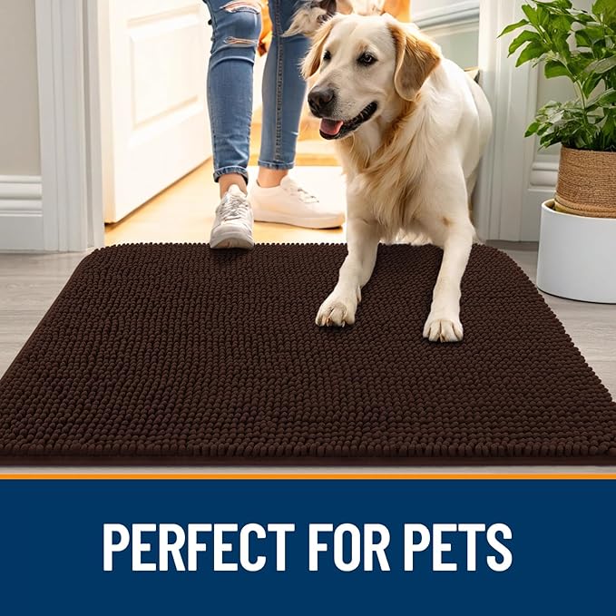 OLANLY Dog Door Mat for Muddy Paws 44x24, Absorbs Moisture and Dirt, Absorbent Non-Slip Washable Doormat, Quick Dry Chenille Mud Mat for Dogs, Entry Indoor Entryway Carpet for Inside Floor, Brown