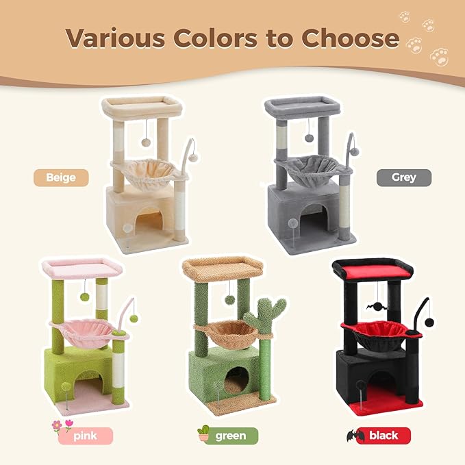 PEQULTI 4-in-1 Cat Tree, 33'' Cat Tower for Indoor Cats with Large Cat Condo, Scratching Post for Cats with Deep Hammock& Cozy Top Perch, Beige