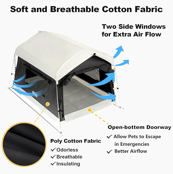 Dog Tent Cotton Fabric, Aluminum Poles and Camping Mat, Outdoor Weatherproof, Dog House Outdoor, Breathable with 2 Side Windows, Portable and Collapsible (Black, Large)