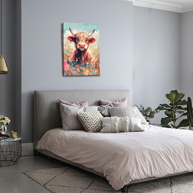 Highland Cow Wall Art Canvas Flower Cattle Wall Decor Prints Framed Painting Animal Pictures Gifts Artwork for Bathroom Living Dining Kitchen 16"x24"