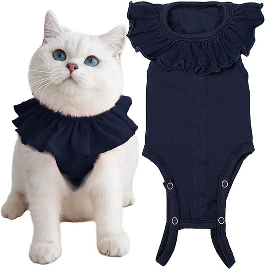 Cat Recovery Suit for Abdominal Wounds and Skin Diseases, Breathable Surgical Recovery Shirt After Surgery Wear Anti Licking Wounds,E-Collar Alternative for Cats Pet Kitten(RSC01-Navy-s)