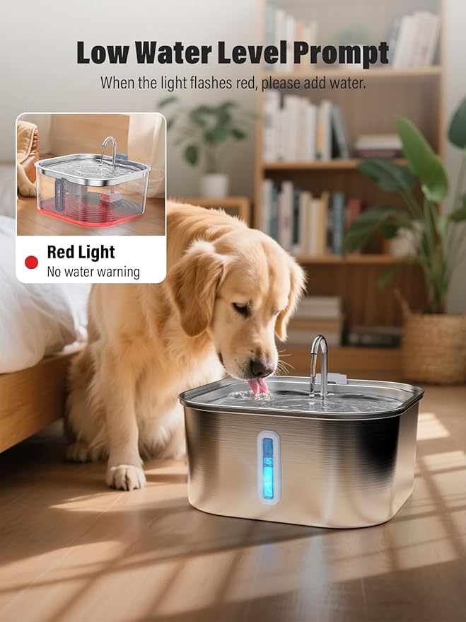 Dog Water Fountain for Large Dogs, 8L/2.1Gal Stainless Steel Pet Water Fountain with Water Level Window, Automatic Dog Water Bowl Dispenser for S-L Dogs and Multi-Pets (with 6pcs Filters)