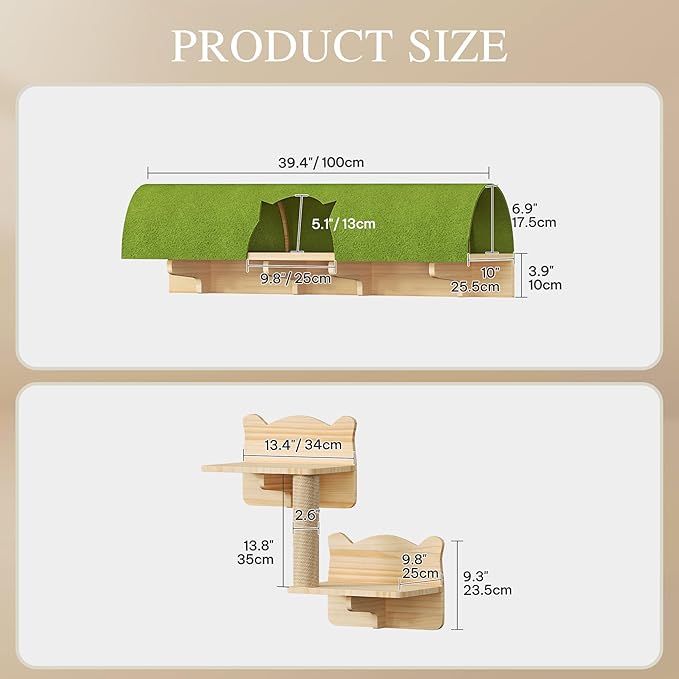 Cat Wall Shelves and Perches, Solid Wood Wall Cat Furniture, Set of 7 Feline Climbing Shelves with Bed, Steps, Scratching Post and Tunnel