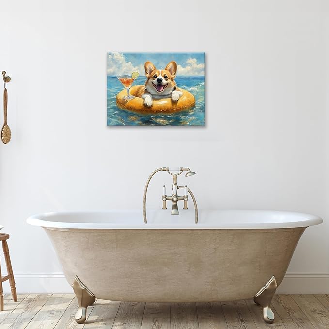 Ocean Funny Corgi Dog Pictures Wall Art, Bathroom Cute Dog Wall Decor Sea Coastal Framed Painting Beach Canvas Artwork for Bathroom Bedroom Living Room Decorations 20"L x 16"W