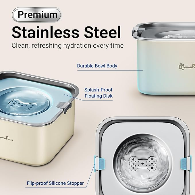 DownyPaws No Spill Water Bowl for Dogs,101oz/3L Slobber Stopper Stainless Steel, Slow Drinking Dog Water Bowl, No Mess Dog Water Dispenser Spill Proof, Dishwasher Safe, Beige