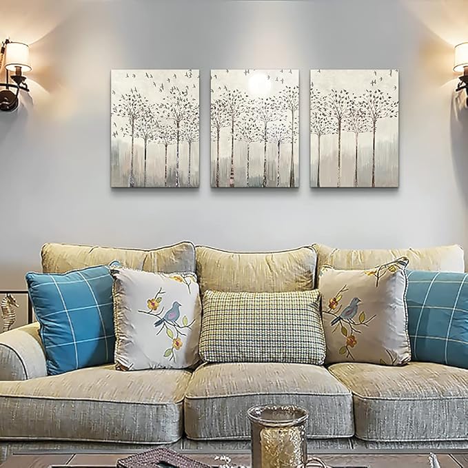 Trees And Birds Abstract Paintings Canvas Prints Wall Art For Bedroom Bathroom Wall Decor Office Artworks Pictures Wall Decorations For Living Room,3 Piece Sunrise And Sunset Modern Home Decoration