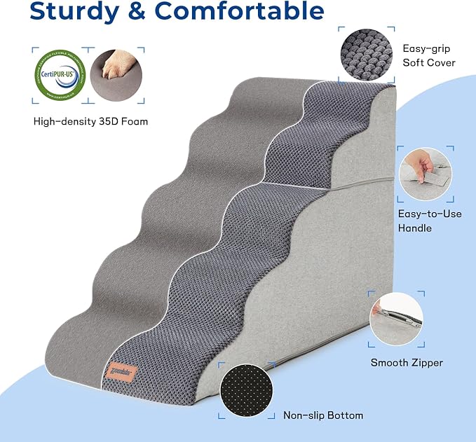 Dog Stairs for High Beds - Pet Stairs Ramp for Couch, 35D Foam Dog Steps for Small to Large Pets, with Non-Slip Bottom Brown, 5 Steps