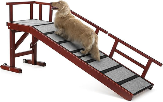 Dog Ramp for Bed or Couch, Wooden Pet Ramp with 20° Gentle Slope, Removable Side Rails, Non-Slip Surface, Top Platform & Wheels, Safe Bed Ramp for Small, Medium & Senior Dogs, 60" Long, Mahogany