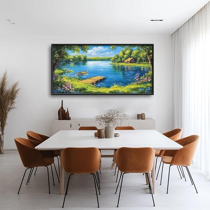 Large Lake Cabin Wall Art for Living Room, Framed Oversized Tree Boat Wildflowers Wall Decor Nature Landscape Canvas Painting Modern Artwork for Bathroom Bedroom Office Dining Room 60"x30"