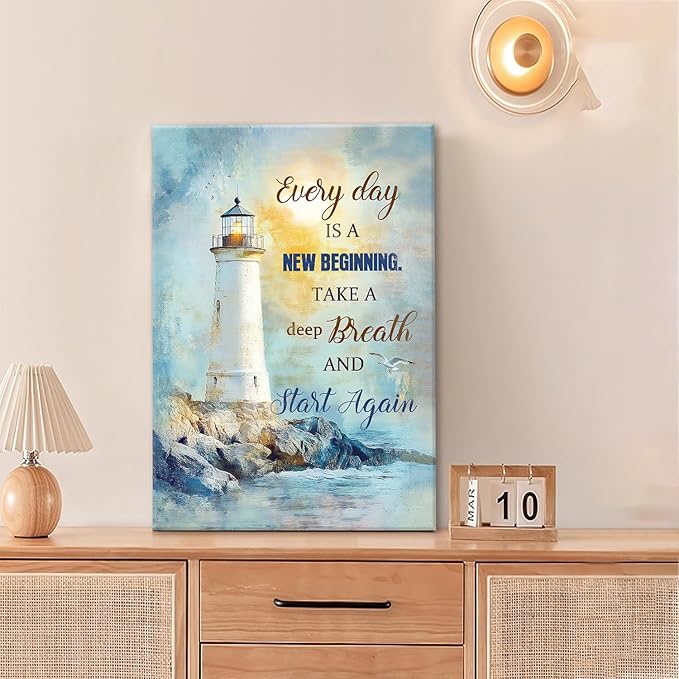 Ocean Lighthouse Pictures Wall Art, Coastal Nautical Bathroom Wall Decor Every Day is a New Beginning Motivational Quote Framed Painting Canvas Artwork for Bedroom Living Room Decorations 24"L x 16"W