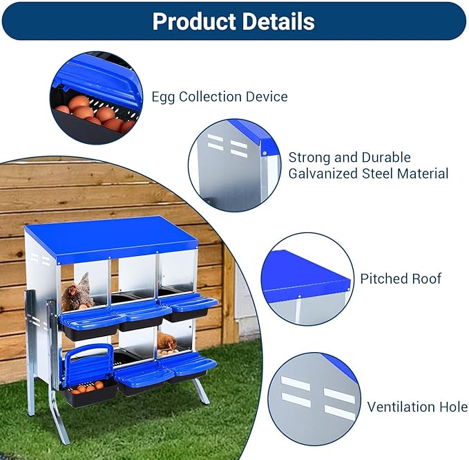 Chicken Nesting Boxes, 6 Hole Metal Chicken Laying Box with with Removable Trays and Roll Out Egg Collection for Chicken Coop, with Metal Bracket, Blue