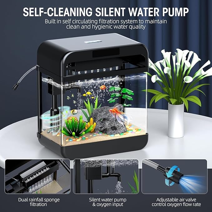 Fish Tank Aquarium 2.2 Gallon with Adjustable 3 Colors Lighting 3 in 1 Pump with Filteration, Oxygenation, Water Circulation Triple Function, HD Float Glass, Leak-Proof Thickened Base