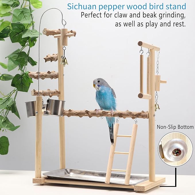 Bird Playground Parrot Playstand Bird Perch Stand Gym Natural Wood Play Stand with Swing Ladder Feeder Cups for Parakeets Cockatiels Lovebirds Conures Budgies