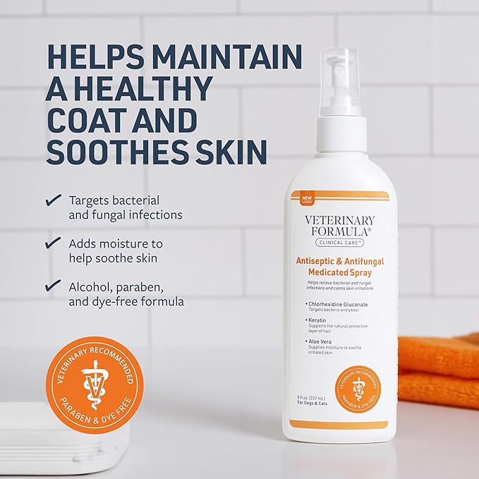 Veterinary Formula Clinical Care Antiseptic and Antifungal Medicated Spray for Dogs & Cats, 8 Fl Oz (1 Pack)