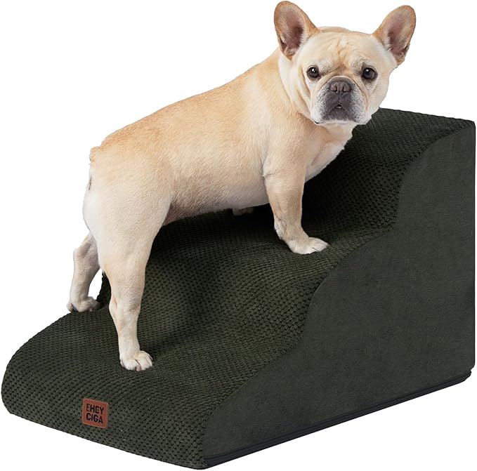 EHEYCIGA Curved Dog Stairs Ramp for Small Dogs 15.7" H, 3-Step Dog Steps for Couch Sofa and Chair, Pet Stairs for Cats, Non-Slip Balanced Pet Steps Indoor, Olive Green