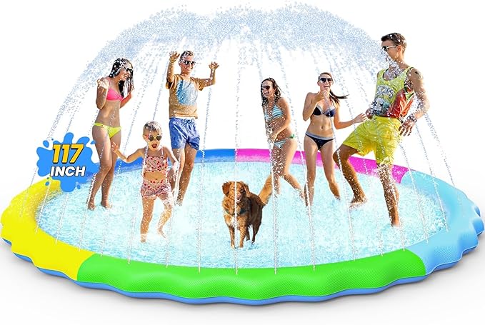 VISTOP Non-Slip Splash Pad for Kids and Dog, Thicken Sprinkler Pool Summer Outdoor Water Toys - Fun Backyard Fountain Play Mat for Baby Girls Boys Children or Pet Dog (117 Inch, Red&Yellow&Green&Blue)