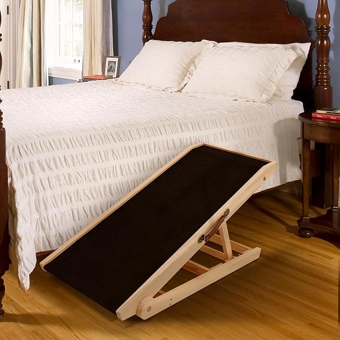 Dog Ramp for Bed, Adjustable Pet Ramps for Dog to Get on Bed, Non-Slip Rubber Surface - Folding Wooden Dog Ramp for Small/Large/Old Dogs, Adjustable up to 19.5 inch High Beds