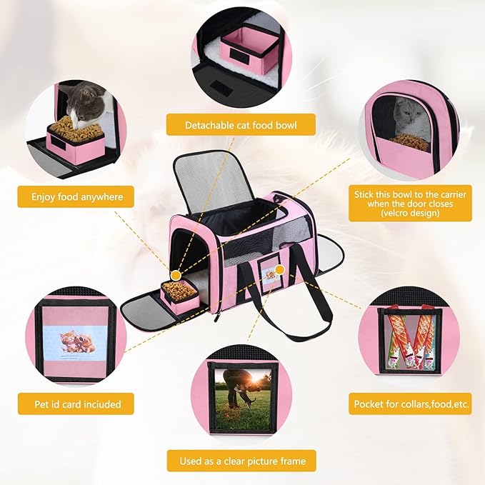 Cat Carriers Soft Side Carrier for Kitten Puppy Collapsible Travel Pet Carrier TSA Airline Approved Cat Carrier Bag for Under 15 lbs Pets, Pink