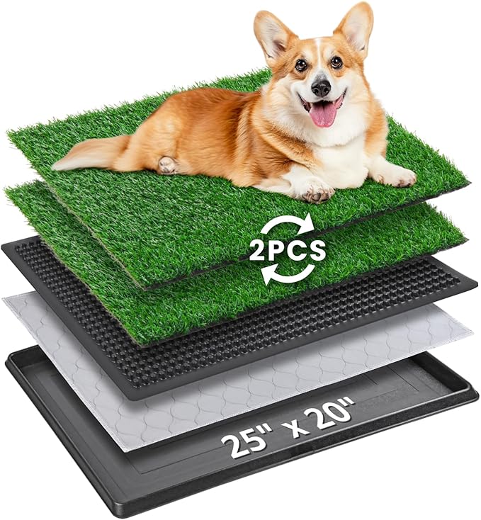 Portable Dog Litter Boxes with 2 Pack Replacement Artificial Grass,Indoor Outdoor Potty Training Turf,Washable Reusable Pee Pad for Dogs, Balcony Fake Grass Pad with Tray(Dog Litter Box, 20''x25'')