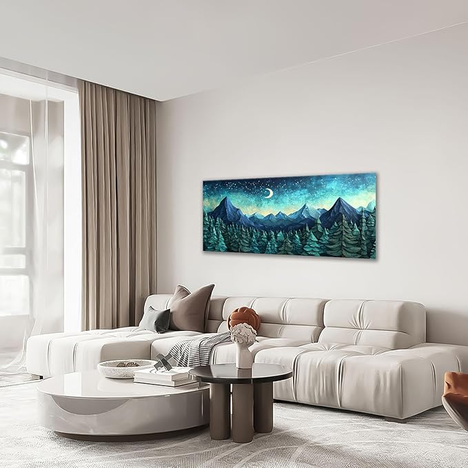Quorin Abstract Mountain Large Wall Art Forest Moon Starry Night Sky Pictures Nature Landscape Wall Decor Canvas Print Painting Artwork for Bathroom Living Room Bedroom 30"x60"