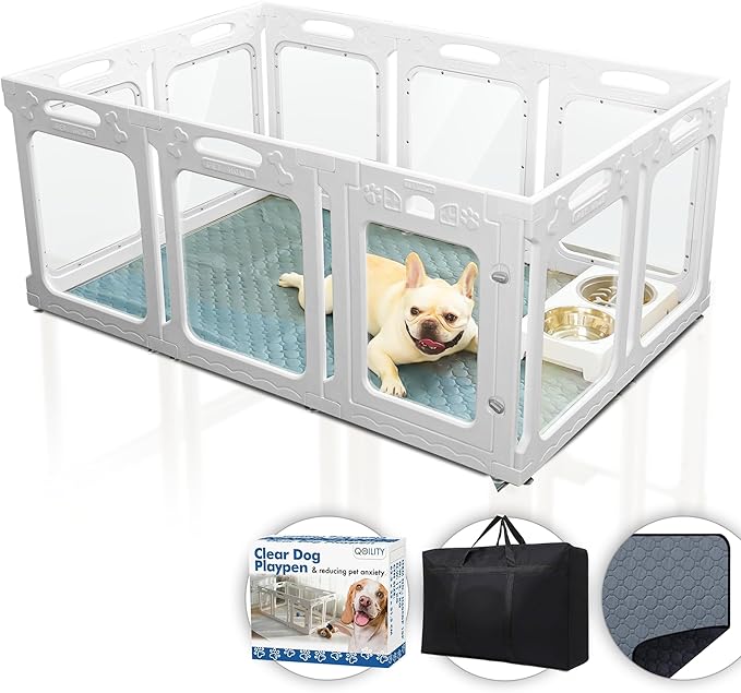 Clear Dog Play Pen Indoor, Effectively Relieves Indoor Pet Anxiety, 56" x 37" x 23.6"H, Suitable for Dogs and Puppies, White
