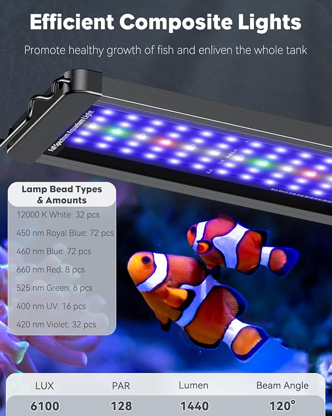 Pawfly 48W Saltwater Aquarium Light for 48" to 54" Fish Tanks Dimmable LED Reef Light for Coral Extendable Marine Fish Tank Light with Full Spectrum D/N Mode Timer Auto On/Off Adjustable Brightness