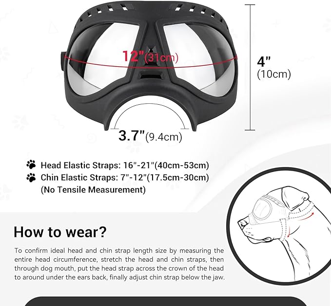 Dog Goggles Windproof for Medium-Large Breeds Dog Sunglasses Anti-UV with Adjustable Straps - Black
