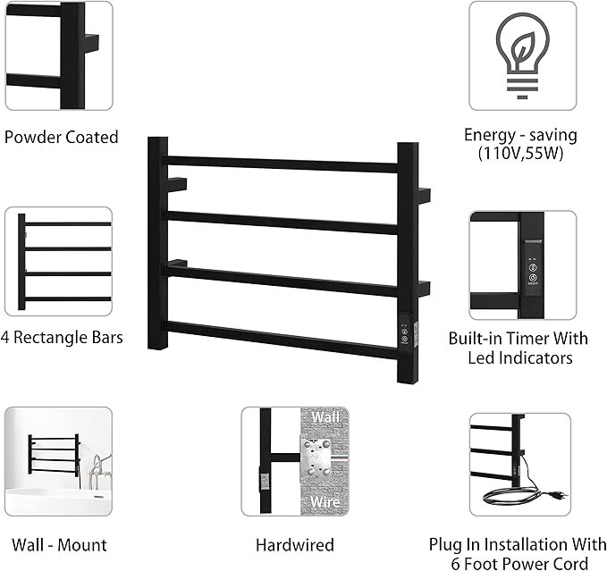 KEG Towel Warmer 4 Bars for Bathroom Wall Mounted Bath Towel Heater Hardwired and Plug-in with Built-in Timer Matte Black