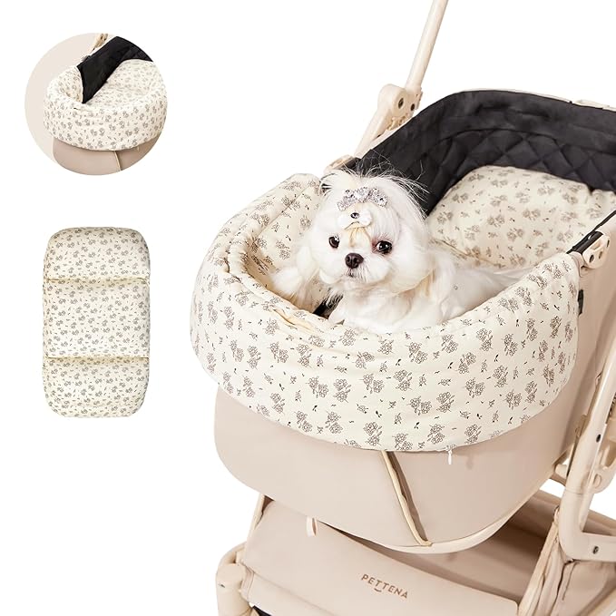 Dog Stroller Cushion & Mat, Pet Stroller Cushion for Dogs & Cats, 5-Level Waterproof & Removable Inner Core, Dog-Ergonomic 3-Zone Support, 4-inch Thickness (Flower Set)