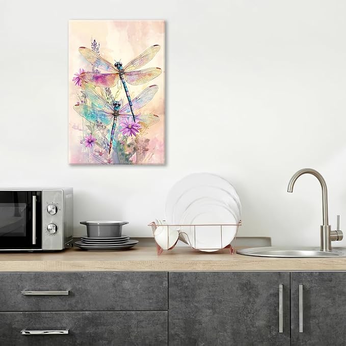 Dragonfly Bathroom Pictures Wall Art, Floral Bathroom Wall Decor, Framed Painting Canvas Artwork for Bedroom Living Room Decorations 24"L x 16"W