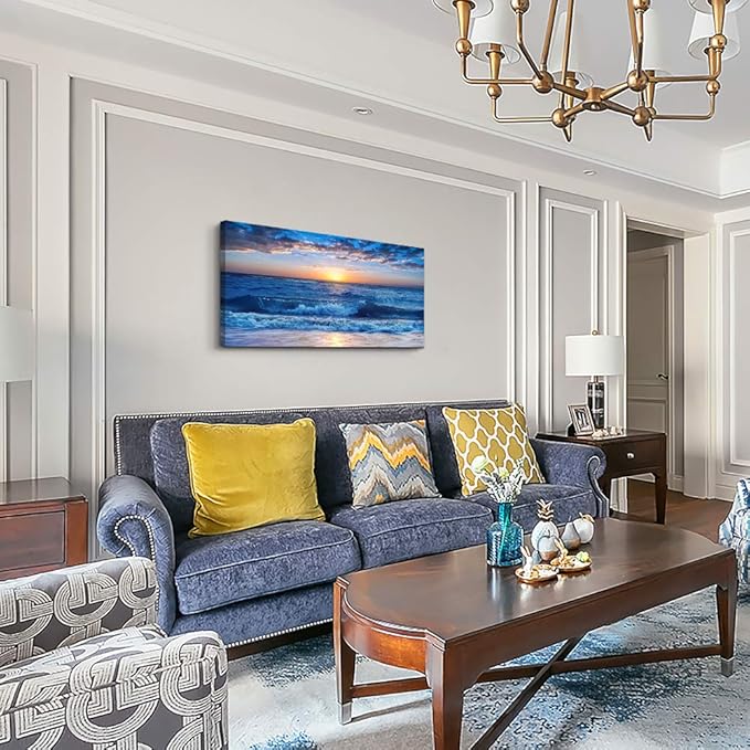 canvas wall art for living room Blue Ocean Sea sun landscape painting bathroom Wall Decor Ready to Hang for Home Decorations office family bedroom kitchen Works canvas Prints pictures 24" x 48"inch