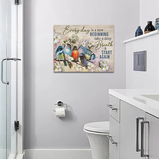 Bird Wall Art Farmhouse Flower Branch Pictures Rustic Country Birds Wall Decor Floral Canvas Print Painting Artwork for Bathroom Living Room Bedroom 12"x16"