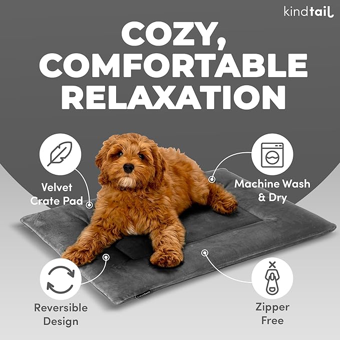 KindTail Dog Crate Pad - Soft Velvet, Reversible Bed - Machine Washable Kennel Mat for Pets up to 15 lbs, Mattress for Cozy Sleeping - 20” x 15” x 1” (Light Blue, Small)