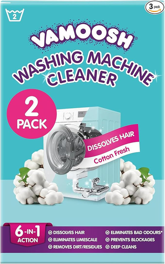 Vamoosh 6-in-1 Washing Machine Cleaner | Dissolves Pet Hair | No Harmful Chemicals | Removes Limescale | Eliminates Odor | Descales | Cotton Fresh Scent | For Front Load | 150g (Pack of 6)