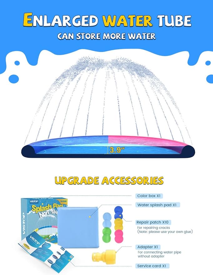 VISTOP Non-Slip Splash Pad for Kids and Dog, Thicken Sprinkler Pool Summer Outdoor Water Toys - Fun Backyard Fountain Play Mat for Baby Girls Boys Children or Pet Dog (59 inch, Red&Yellow&Green&Blue)