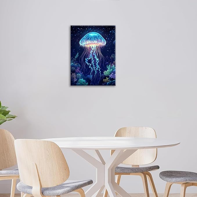 Ocean Jellyfish Wall Art Canvas Coral Fish Wall Decor Prints Framed Painting Underwater Pictures Gifts Artwork for Bathroom Living Dining 12"x16"