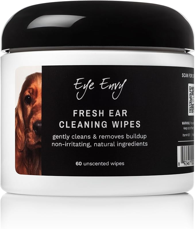 Eye Envy Fresh Ear Cleaning Wipes for Dogs. Made in The USA from Natural Ingredients. Unscented. Prevents Infections. Safe and Non-Irritating. Removes Dirt, Debris, and Wax buildup. 60 Count.