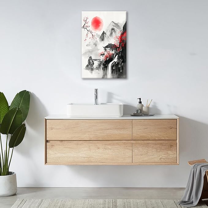Japanese Wall Art Canvas Asian Nature Wall Decor Prints Framed Painting Mountain Landscape Pictures Gifts Artwork for Bathroom 16"x24"
