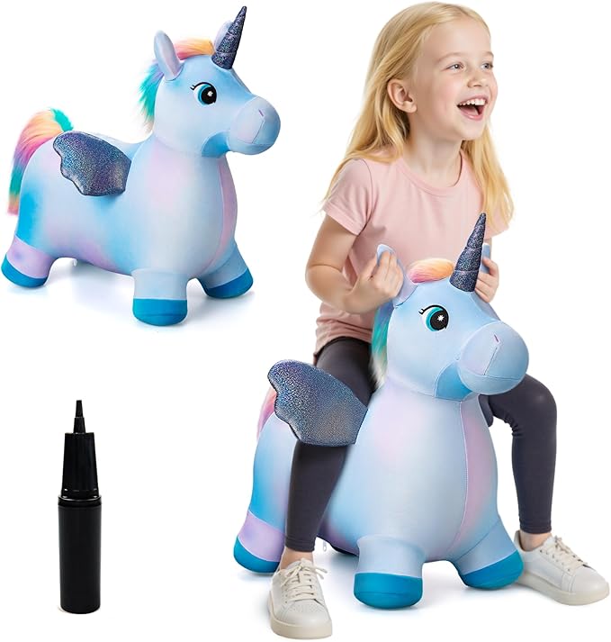 EVERICH TOY Unicorn Bouncy Horses Inflatable Plush Hopping Toy Bouncing Hopper Animals for Toddlers,Outdoor&Indoor Bouncy Animals for Toddlers,Gift for 18 Months 2 3 4 Year Old (W/Pump)