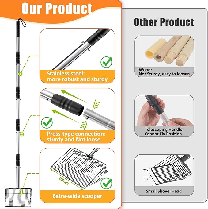 Esmorah 10 Inch Large Metal Chicken Poop Scooper for Sand & Coop Cleaning - Long Sifting Shovel with 24"-68" Adjustable Handle, 5 Lengths Heavy Duty Stainless Steel