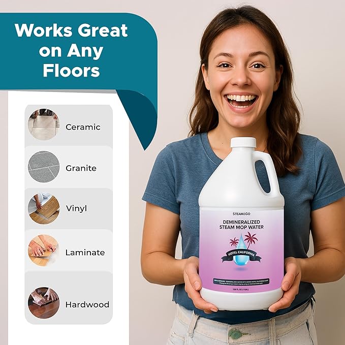 Steam & Go Deminerilized Water - Multi-Surface Cleaner for Steam Cleaners, Hardwood Floors, Kitchens, & Bathrooms - Germ-Killing Formula - Hotel California Scent - 1 Gallon
