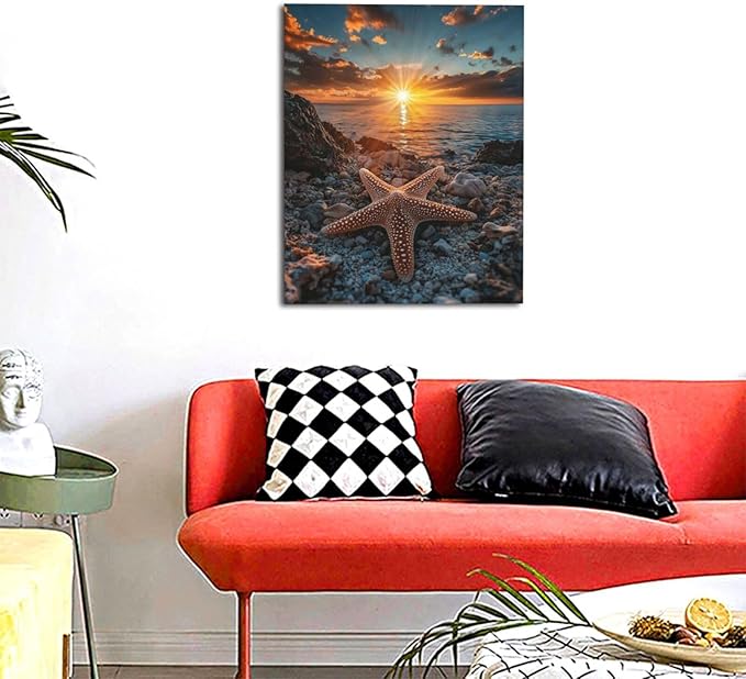Beach Starfish Wall Decor Ocean Starfish Wall Art Sunset Scenery Coastal Theme Pictures Canvas Nature Seascape Painting Print Framed Artwork Decorations for Home Bathroom Living Room Bedroom Office 16"x20"