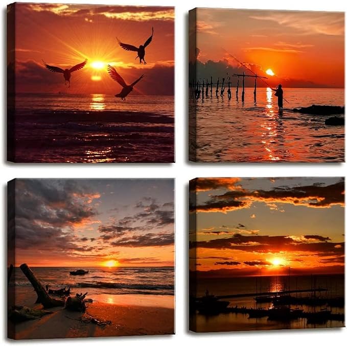 Yxbhhym-Black and Red Ocean Wall Art Beach Pictures Sea Sunset Wall Art Sunrise canvas prints photos Seascape poster painting Framed wall decor Bedroom Living Room Decor Bathroom Accessories