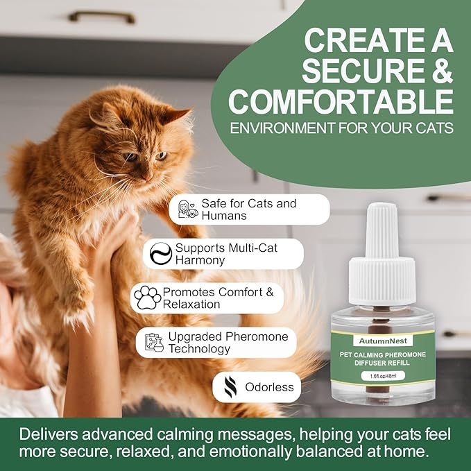 Cat Calming Pheromone Diffuser Refills, 4 Pack 48ml, Helps Relieve Cat Anxiety, Reduce Stress, Aggression, Fighting, Spraying, Scratching, Supports Cats During Vet Visits, Travel, Multi-Cat Homes