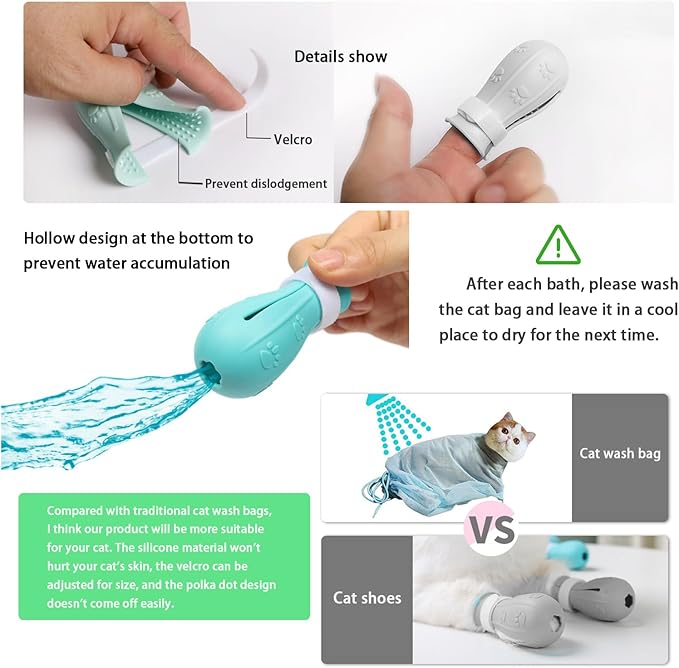7-Piece Cat Bathing Set - Anti-Scratch Silicone Shoes, Claw Covers, Shower Net, Bathing Bag & Elizabethan Collar (Grey-3)