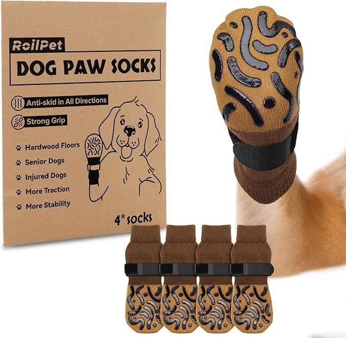 Double Sides Non-Slip Dog Socks to Prevent Licking Paws - Strong Traction for Paw Protector, Senior Dogs, Hardwood Floors, Dog Booties with Grippers - Size Medium