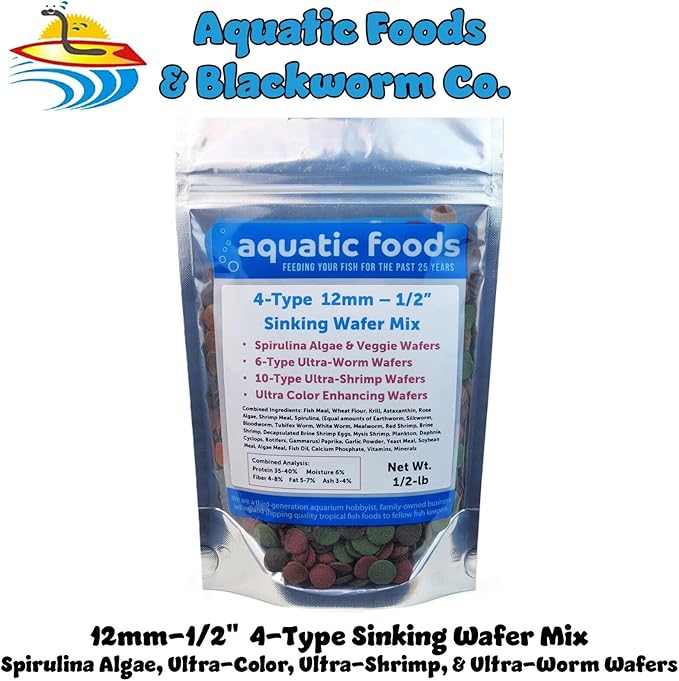 Aquatic Foods Inc. 4-Type Ultra Mix of 1/2" - 12mm Sinking Wafers, Spirulina-Algae, Worm, Shrimp, Intense Color Enhancing Wafers for Plecos, Shrimp, Snails, All Tropical Fish - 1/2-lb