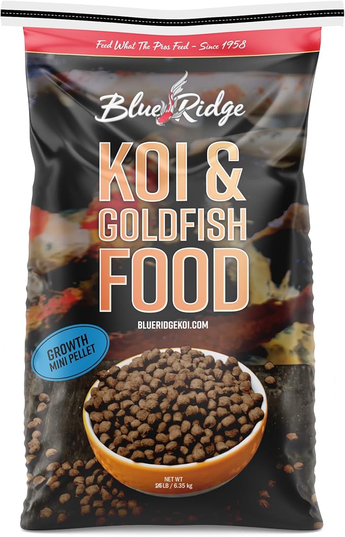 Blue Ridge Koi Fish Food 25lb - Koi Food Mini Growth Formula, Goldfish Food, Premium Fish Food for Ponds, Ponds Fish Food, Floating Pond Pellets